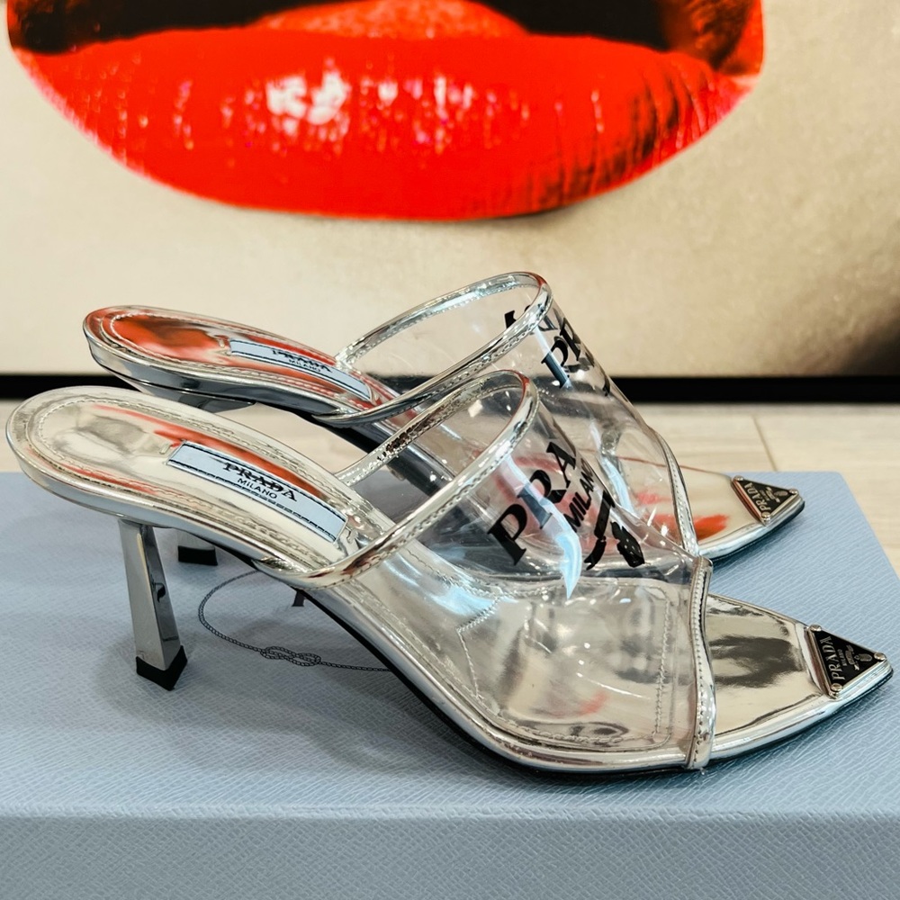 PRADA Logo-print Plexiglas high-heel slides EU:35.5 - Picture 7 of 12